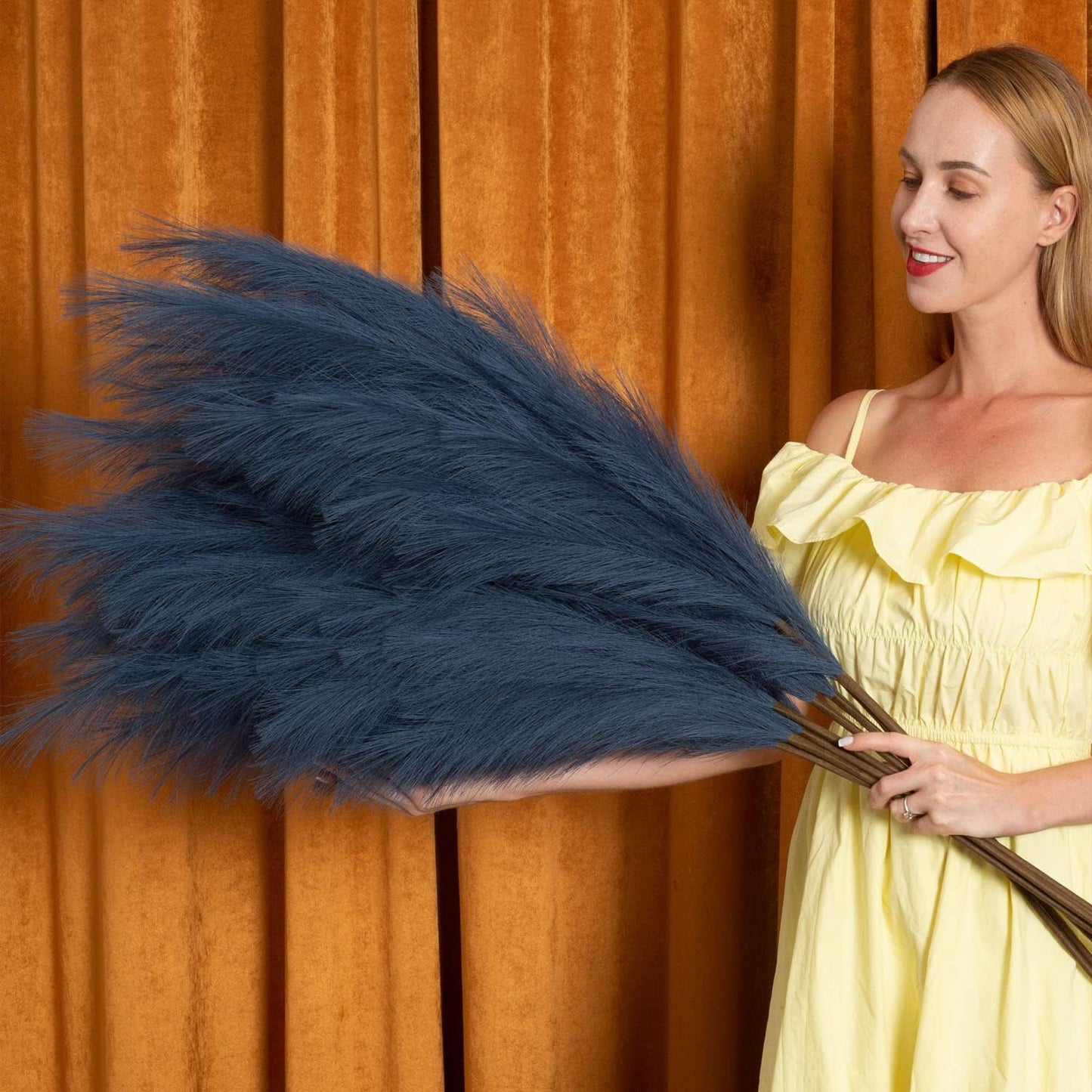 Faux Pampas Grass 6 Stems, Artificial Pampas Grass - 43 inch Total Extra Large Pompass Grass Tall Pompous Boho Flower Arrangement and Floor Vase Filler Home Decor for Room Wedding Party (Blue)