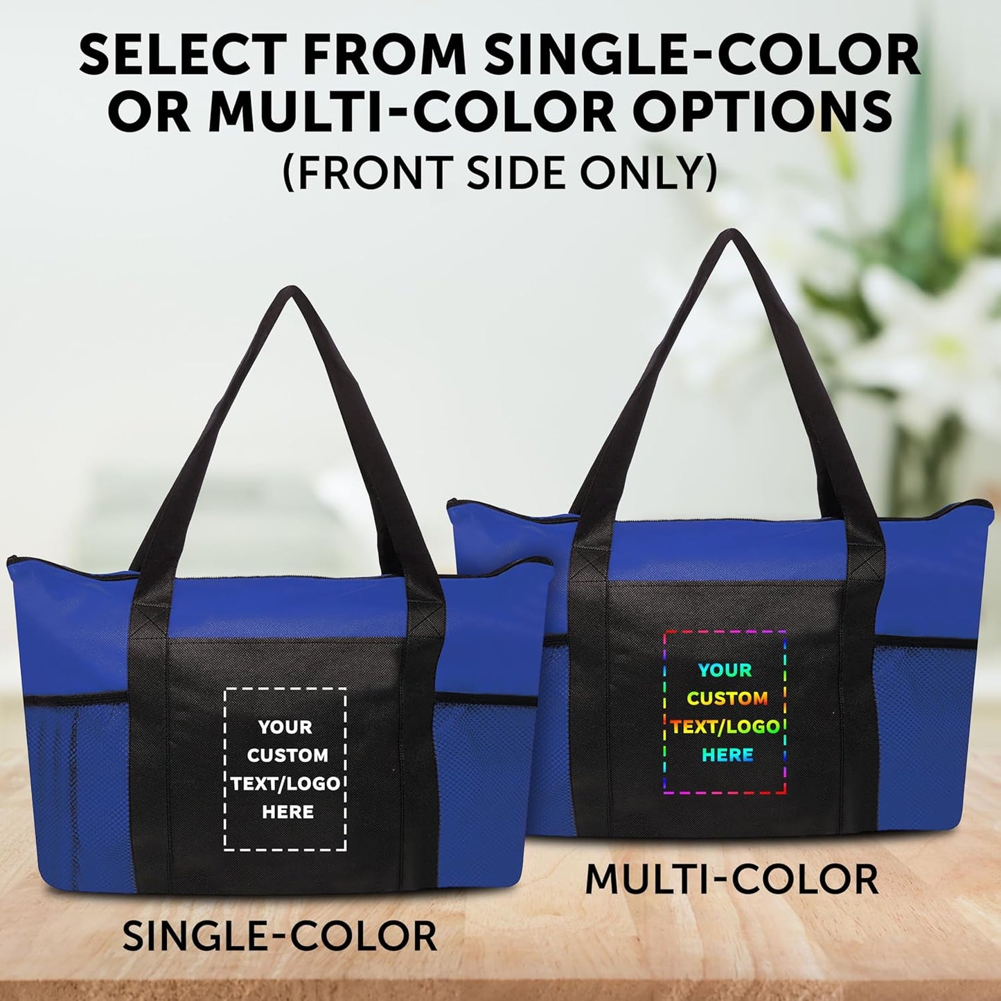DISCOUNT PROMOS 10 Zippered Non-Woven Tote Bags Set - Customizable Text, Logo - Mesh Pocket, Zippered, Recyclable, Reusable - Blue - 19"X14"X3", with Zipper