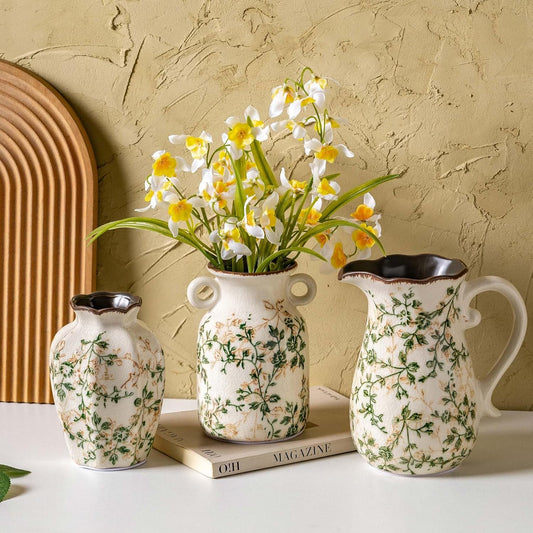 Ceramic Vases Set of 3, Green & Beige Chinoiserie Flower Pitcher Vase, Farmhouse Vintage Floral Vase Home Decor for Mantle, Fireplace, Kitchen Counter, Living Room Bookshelf Rustic Table Centerpiece
