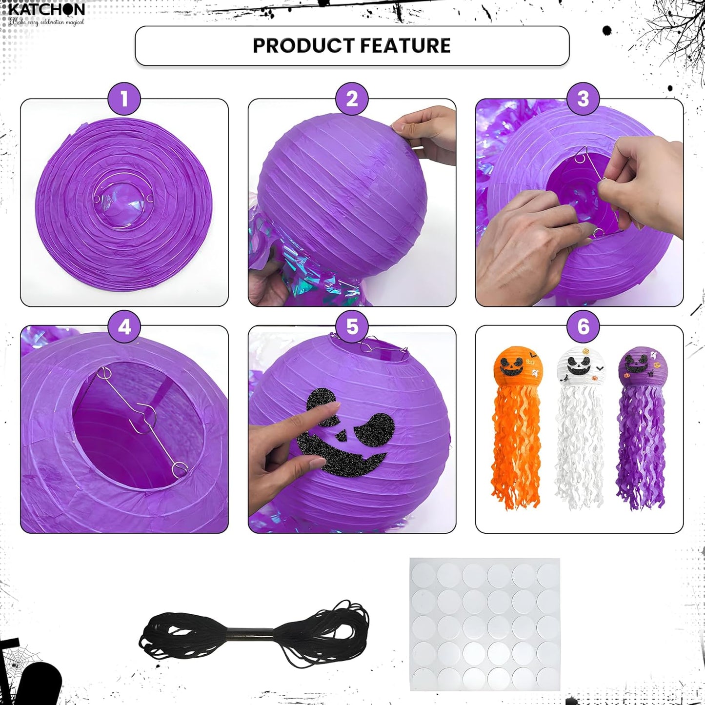 KatchOn, Halloween Paper Lanterns & Honeycomb Set – Pack 6 | Hanging Halloween Decorations Indoor, Outdoor | Paper Jack o Lantern Decor | Spooky Halloween Decorations