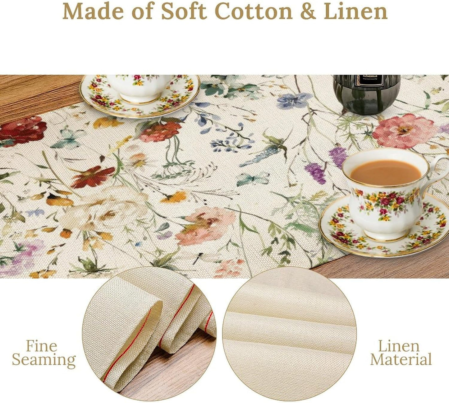 Floral Butterfly Table Runner,Rustic Colorful Flower Botanical Watercolor Pattern Print Burlap for Hotel Indoors Outdoor Dining Room Kitchen Holiday Party, 13x36in