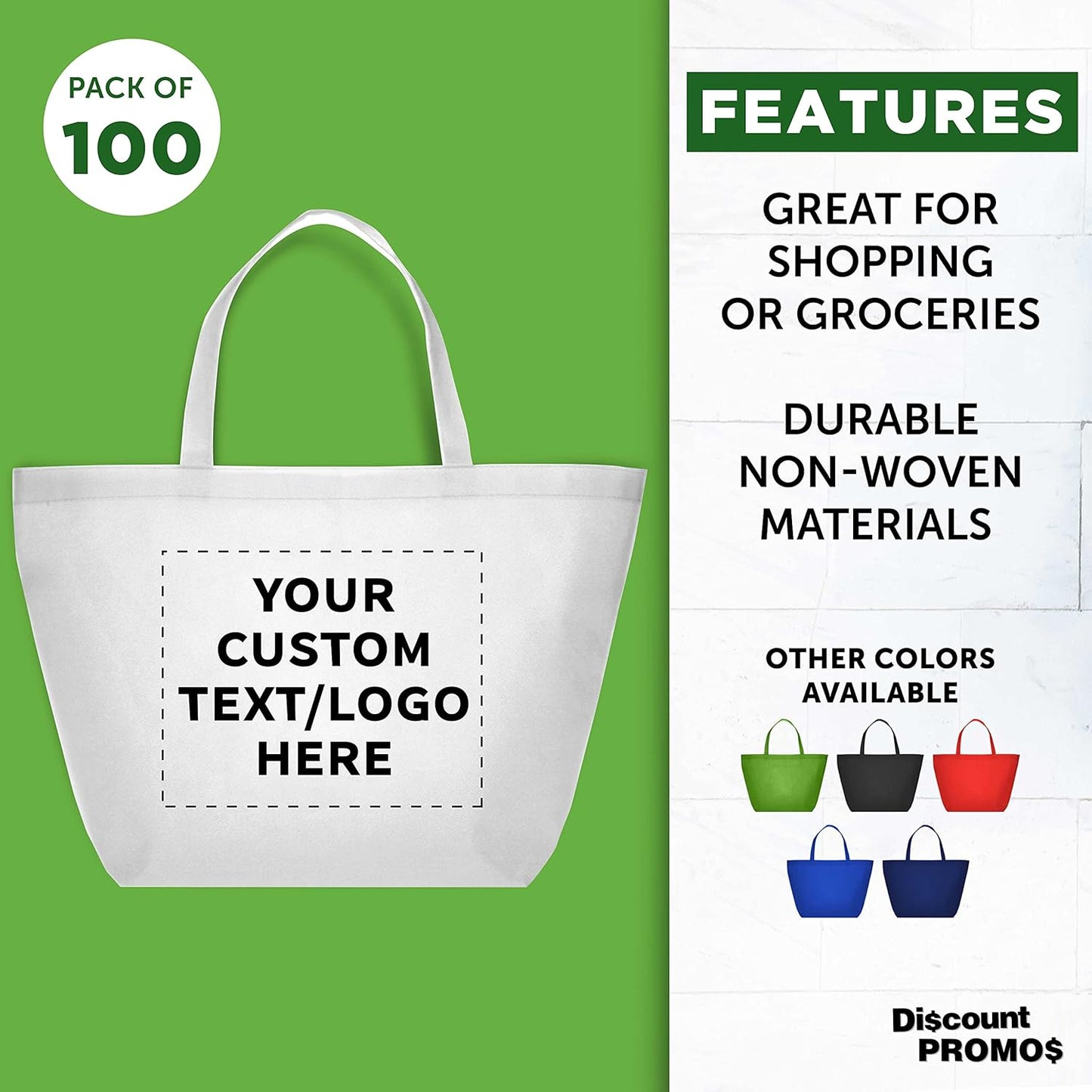 DISCOUNT PROMOS Custom Southern Style Grocery Tote Bags Set of 100 - Personalized Bulk Pack, Reusable Grocery & Shopping Bags - Great for Travel, Carry on Bag, Business Promotions - White - 20"X13"X8"