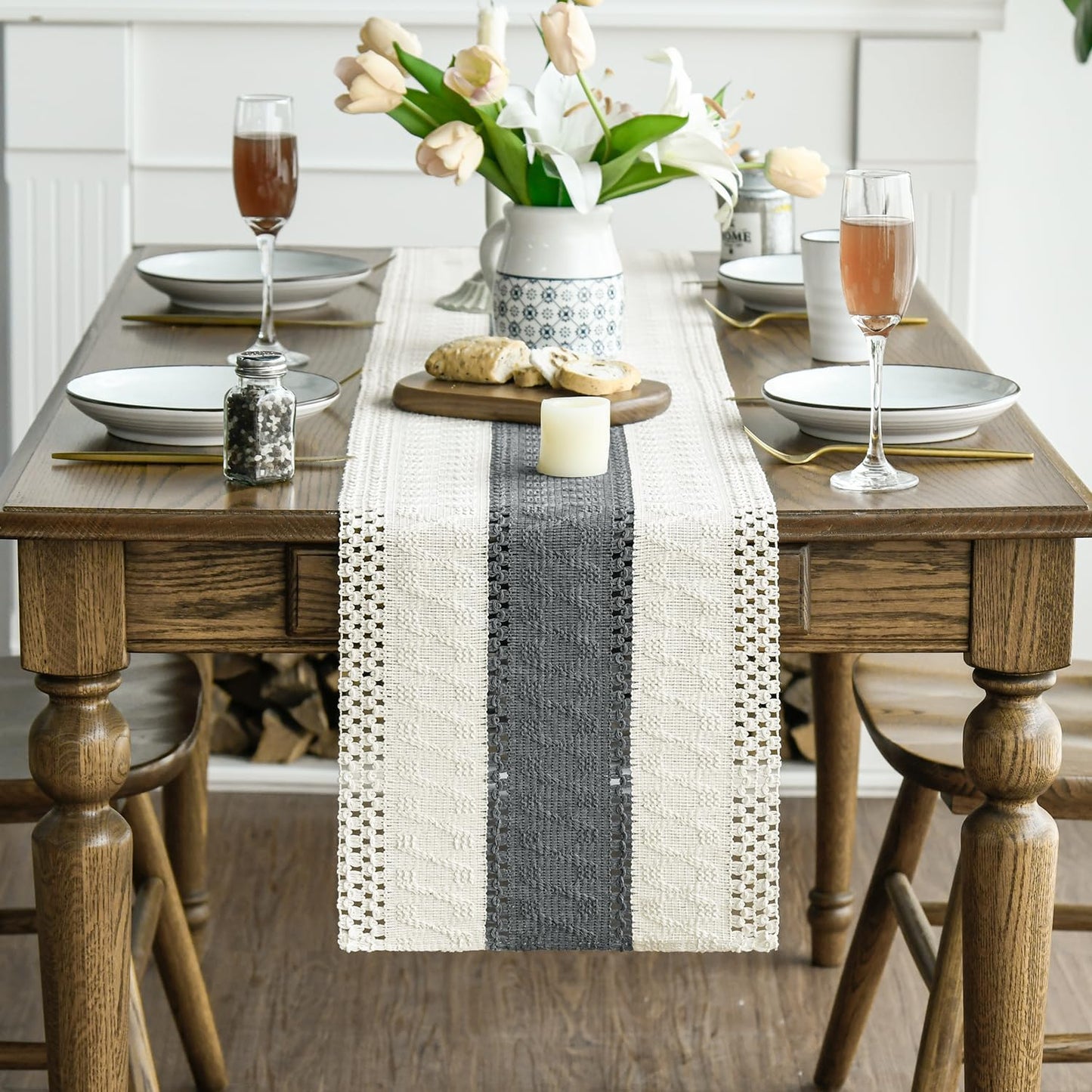 Artoid Mode Dark Grey Farmhouse Rustic Table Runner, Seasonal Holiday Hollow Kitchen Dining Table Decoration for Home Party Decor 12x48 Inch