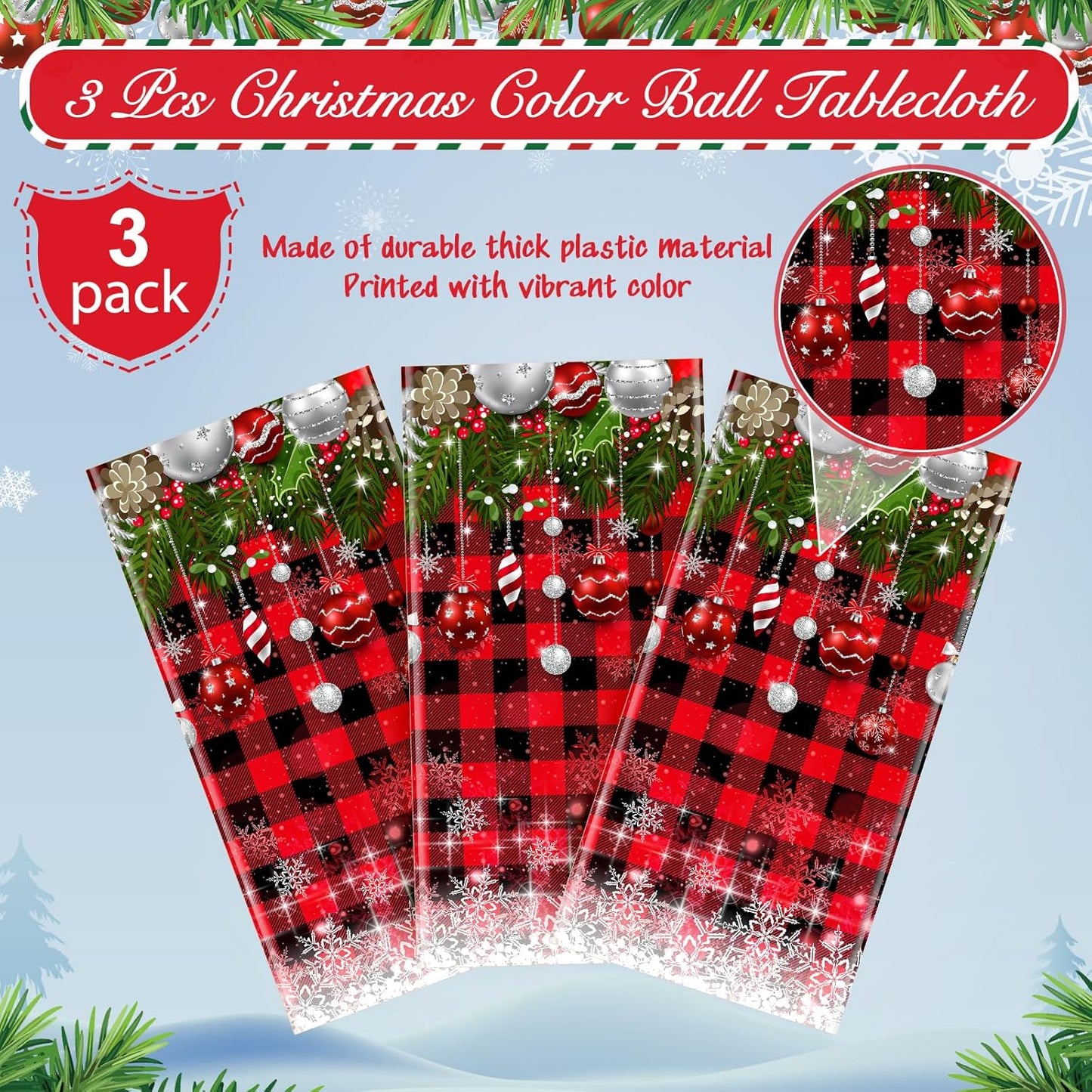 3Pcs Christmas Buffalo Plaid Snowflake Tablecloths,Plastic Red and Black Checkered Rectangle Christmas Tree Color Ball Table Cover for Winter Christmas New Year Holiday Party Decorations,54x108 inch