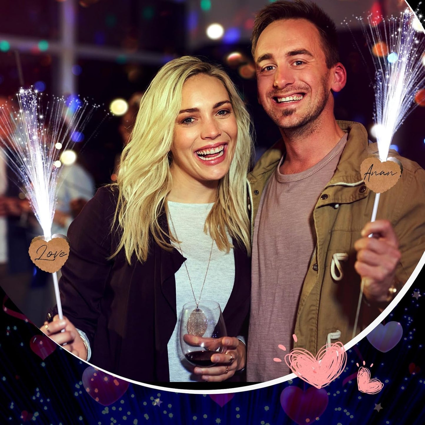 50 Pcs Wedding Sparklers Heart Shaped LED Glow Sticks Fiber Optic Wands Light up Wand with 3 Light Mode for Wedding Bridal Shower Birthday Glow in the Dark Party Supplies (Brown)