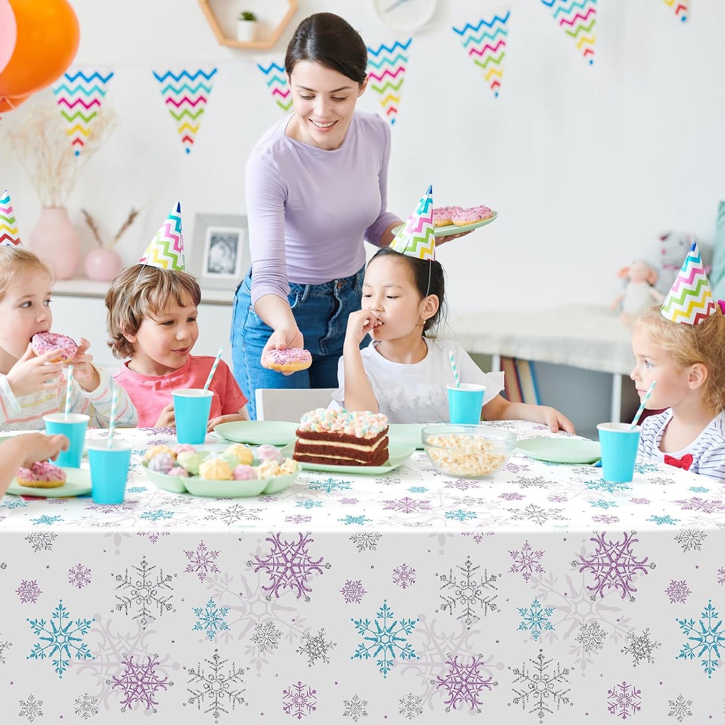 6 Pieces Christmas Snowflake Party Tablecloth Decorations,Plastic Purple and Blue Winter Wonderland Table Cover for Winter Christmas Birthday Holiday Party Decorations and Supplies,54x108 inch