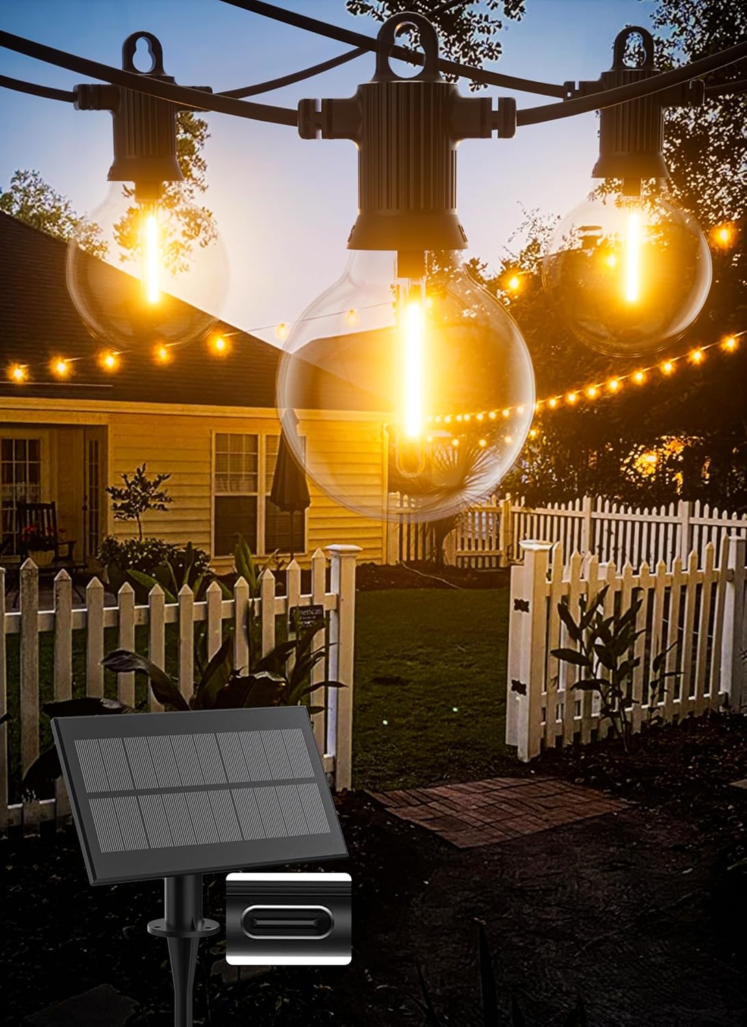 Solar String Lights Outdoor Waterproof 50FT with USB Port and 27 Shatterproof G40 Bulbs(2 Spare), LED Solar Powered Patio Lights for Outside, Porch, Backyard, Bistro, Garden, Market - 2200K