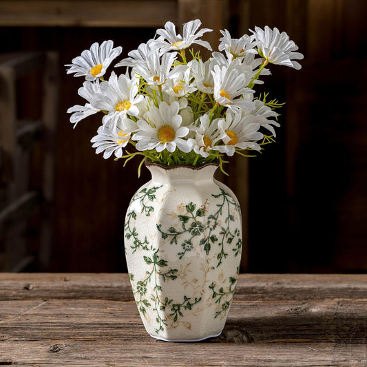 Vintage Pastoral Octagonal Vase, Green and Beige Retro Ceramic Flower Vases, Rustic Farmhouse Vases Chinoiserie Floral Small Vase for Home Decor, Living Room, Kitchen, Bedroom and Shelf 6.7 Inch