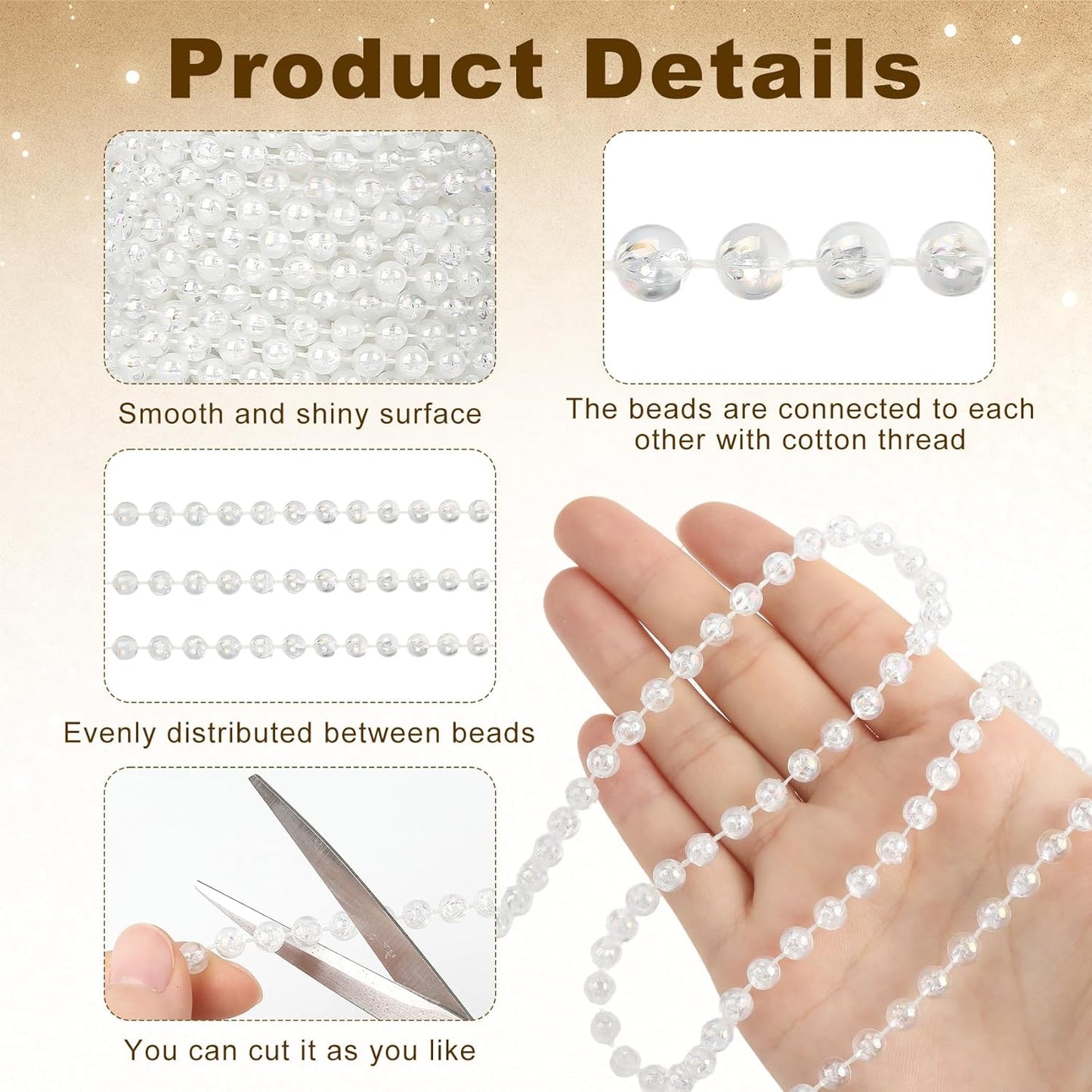 Pearl Beads Garland, 6 MM Clear Faux String of Pearls, Pearl Garland for Christmas Tree 82FT Pearl Beads Strand Spool Bead Roll for Crafts Floral Centerpieces Wedding Party Christmas Tree Decorations