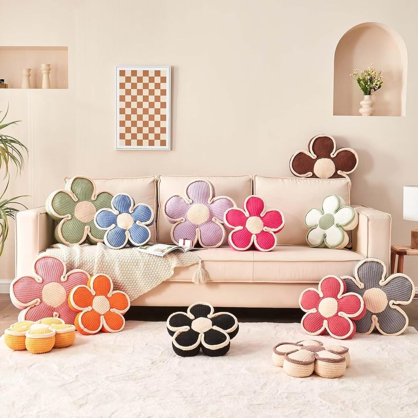 Flower Pillow, Soft Shaped Floor Cushion, Decorative Throw Pillow, Cute Seating Cushion, Plush Pillows for Sofa Couch Bed (13.7 Inch, Yellow)