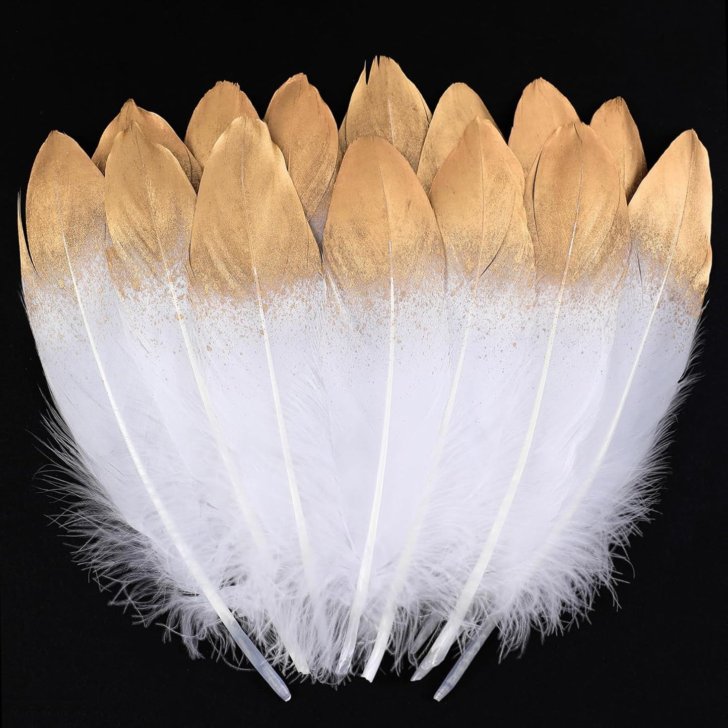 Larryhot Dipped Gold & White Goose Feathers for Crafts - 6-8 inch 60 pcs Natural Feathers for Wedding Party Decorations,DIY Crafts and Table Centerpiece(Gold & White)