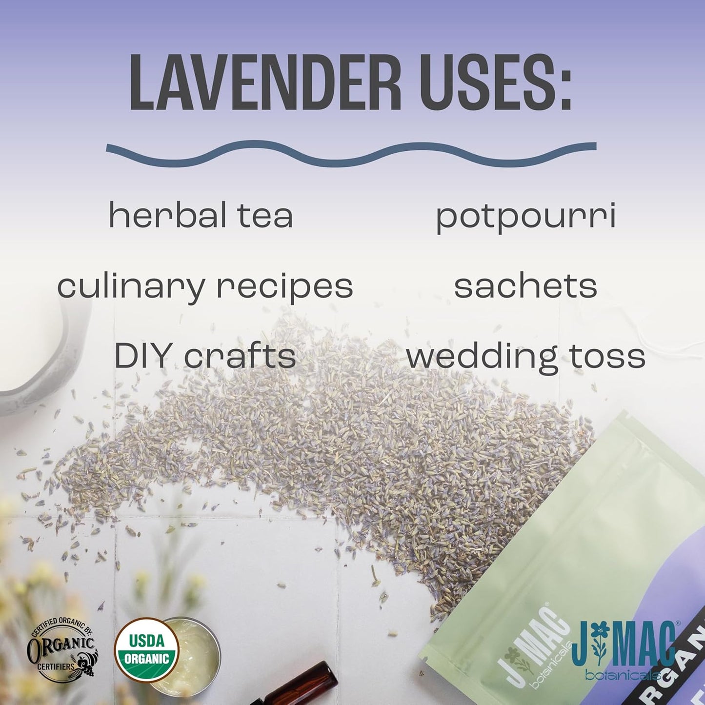 J MAC BOTANICALS, Organic Lavender Flower (2 oz), Dried Lavender Flowers, Buds