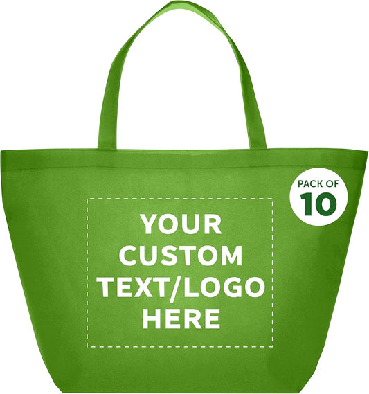 DISCOUNT PROMOS Custom Southern Style Grocery Tote Bags Set of 10 - Personalized Bulk Pack, Reusable Grocery & Shopping Bags - Great for Travel, Business Promotions - Lime Green - 20"X13"X8"