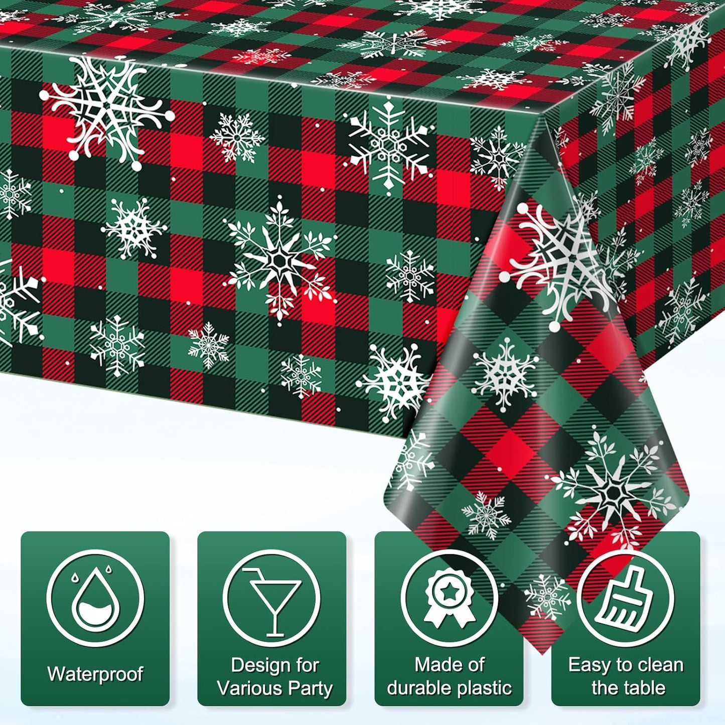 3Pcs Christmas Buffalo Plaid Snowflake Party Tablecloths Decorations,Plastic Red and Green Checkered Rectangle Table Cover for Winter Christmas New Year Birthday Holiday Party Decorations,54x108 inch