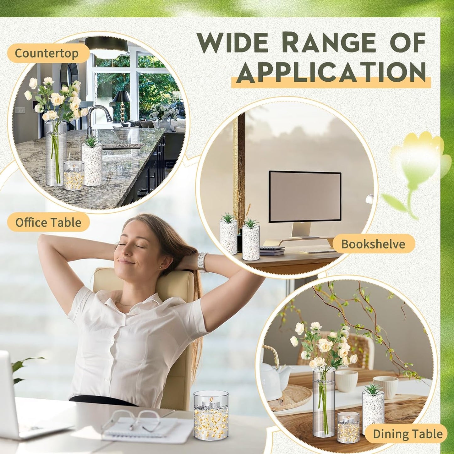 Nuogo 24 Pcs Plastic Cylinder Vases Tall Clear Flower Vases for Centerpieces Hurricane Candle Holder for Home Wedding Office Party Formal Dinners Decorations (4''/6''/8'')