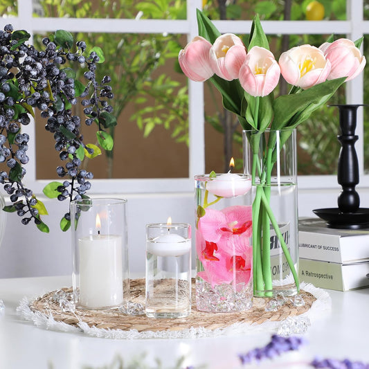 4 PCS Glass Vases for Centerpieces with 5 White Floating Candles 100 Fake Ice Acrylic Rocks Vases Fillers for Party Table Wedding Home Centerpieces Decoration