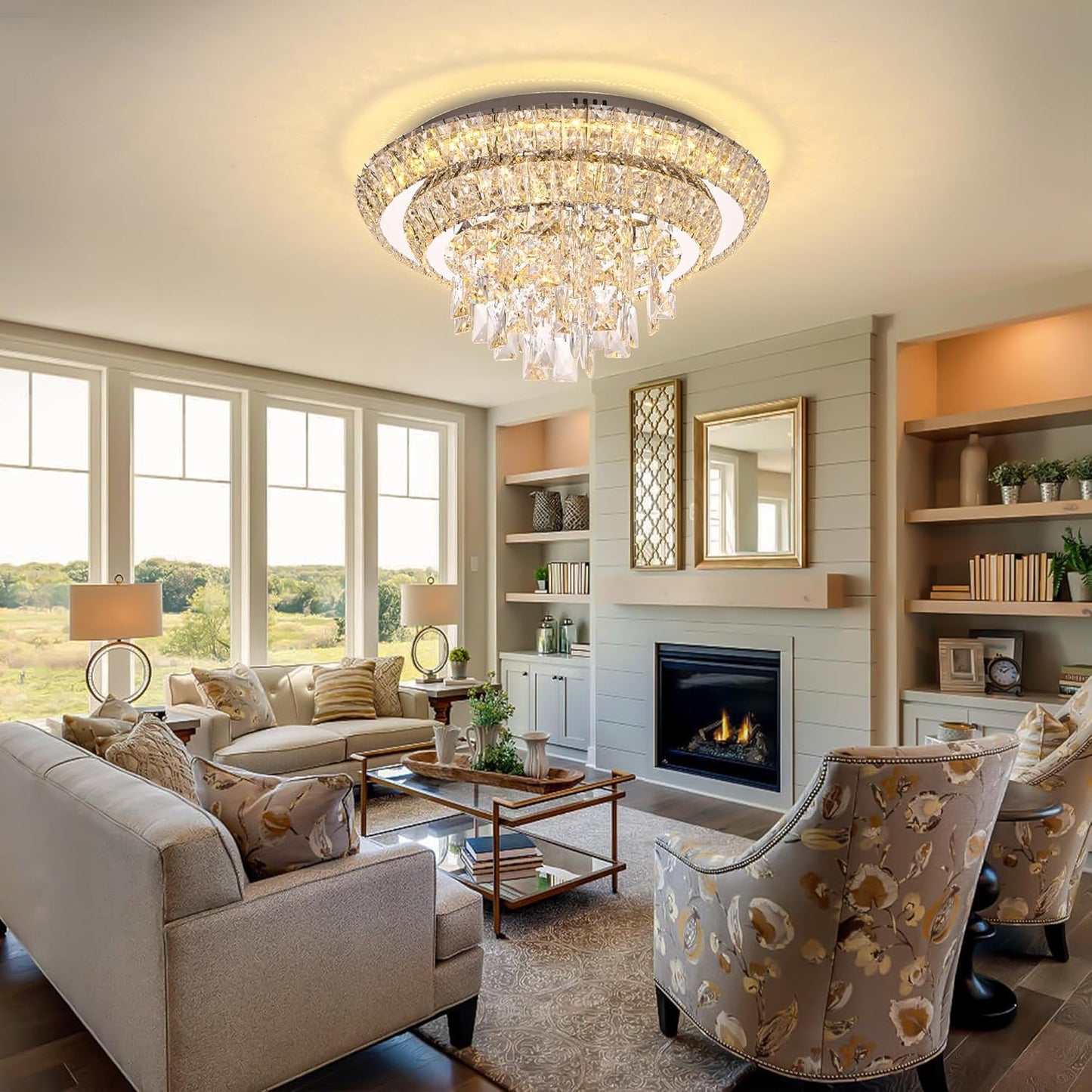 18 inch Crystal Silver Ceiling-Light Flush Mount with Remote Control and APP, 3CCT Dimmable & Brightness Adjustable, Modern Crystal Raindrop Chandeliers for Bedroom Hallway Dinning Room Living Room