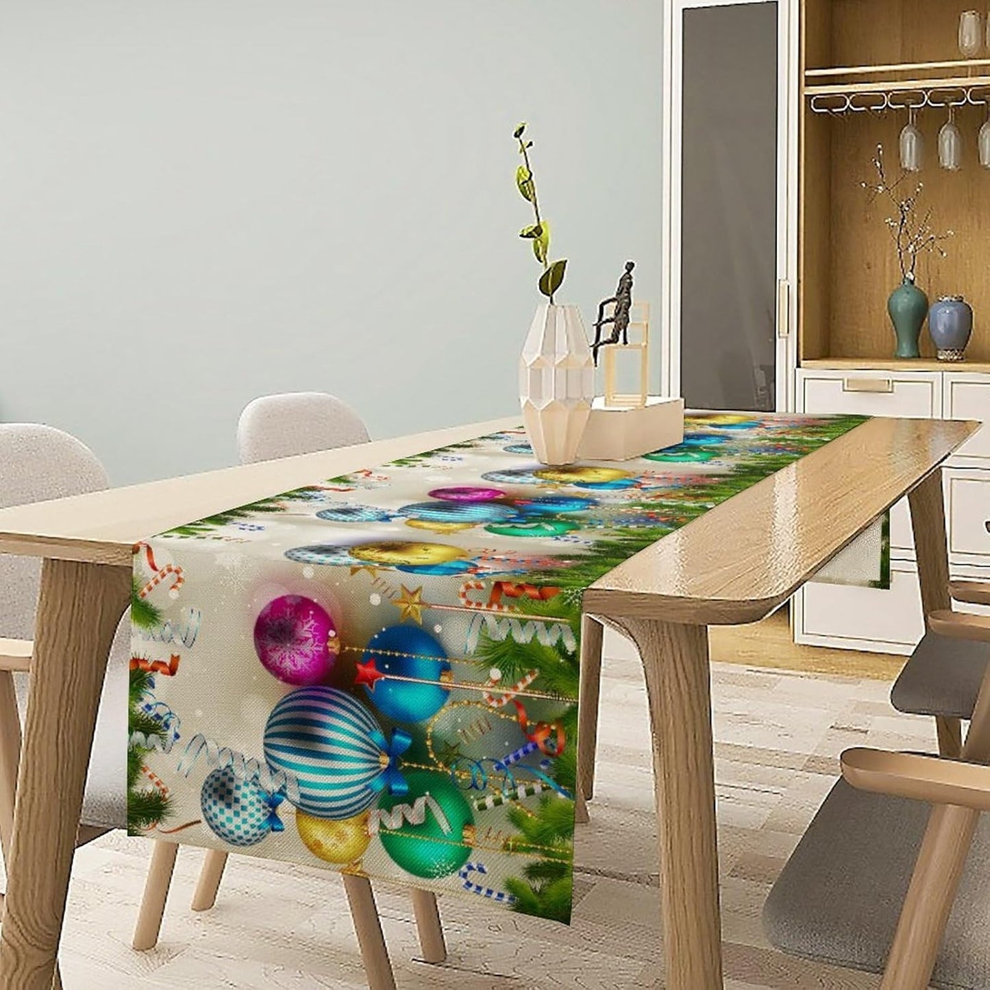 Christmas Table Runner,Colorful Balls Xmas Tree Snowflake Pattern Print Tablecloth Burlap for Hotel Indoors Outdoor Dining Room Kitchen Home Decor,W13X L36 in