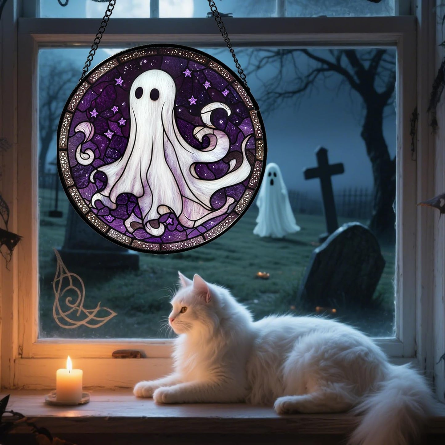 Stained Glass Window Hanging - Halloween Decorations White Ghost Purple Stars Suncatcher for Doors Garden Spooky Funny Sun Catchers Gothic Decor Horror Gifts for Women Men Friend 7.8 in