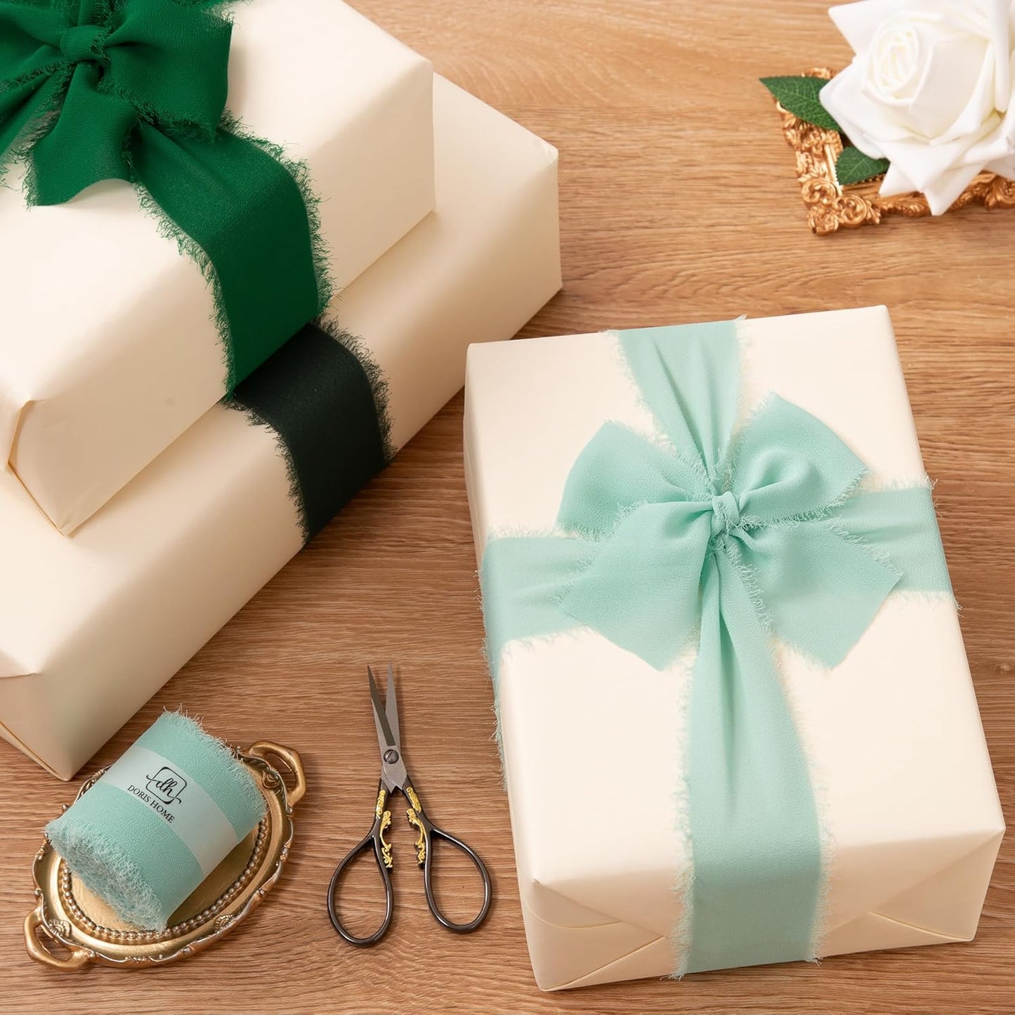 DORIS HOME 2" x21Yd Chiffon Ribbon for Flower Bouquet, Green Series Fabric Ribbon for Gift Wrapping, Handmade Frayed Ribbon for Wedding/Christmas Decorations