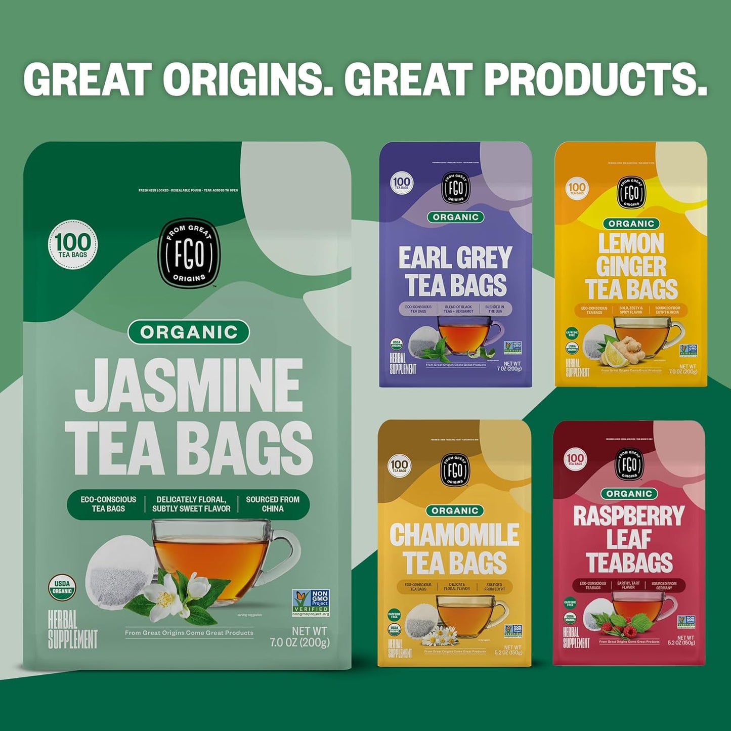 FGO Organic Jasmine Green Tea, 100 Count, Eco-Conscious Tea Bags, Resealable Bag, Packaging May Vary (Pack of 1)