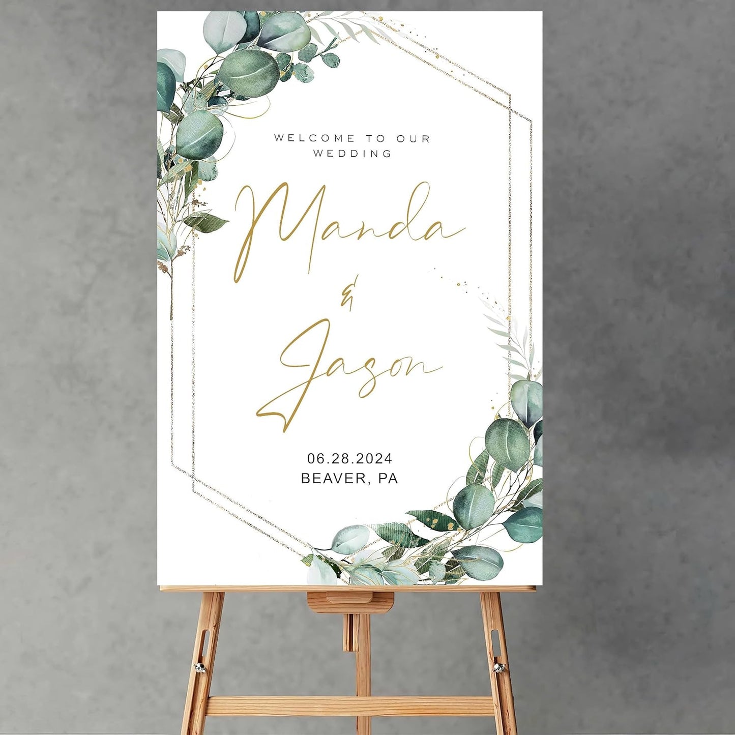 Generic Greenery Wedding Welcome Sign, 18x27 inches, Plastic, Modern Geometric