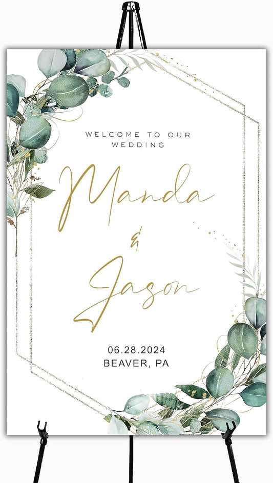 Generic Greenery Wedding Welcome Sign, 18x27 inches, Plastic, Modern Geometric