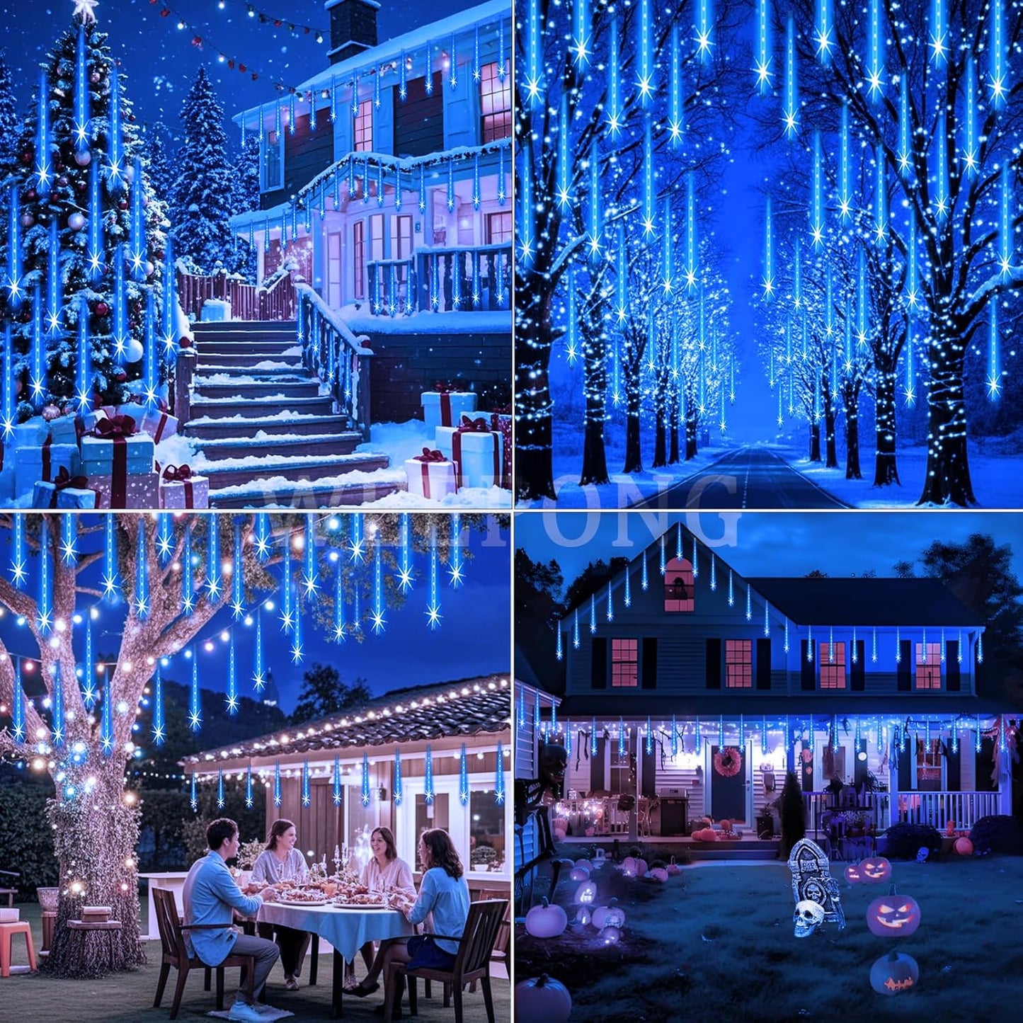 Meteor Shower Lights Outdoor Christmas Lights UL Certified Falling Rain Drop Snowfall Icicle Cascading String Light for Xmas Holiday Tree Wedding Party Garden Decor Blue, 12 Inch 8 Tubes