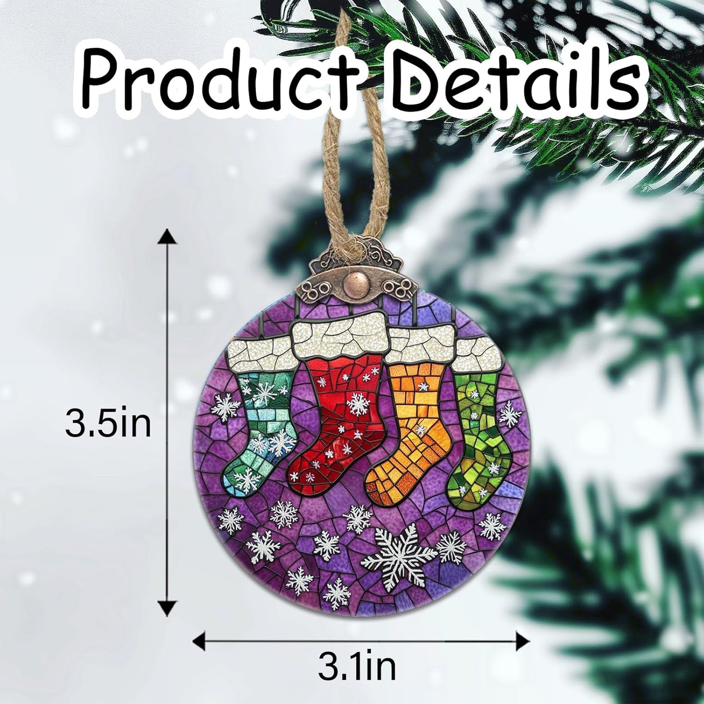Stained Glass Christmas Decorations, Colorful Stockings Purple Suncatcher for Window Christmas Tree Hanging Ornaments Snowflake Sun Catcher Xmas Decor Gifts for Women Men Mom Nana Friend