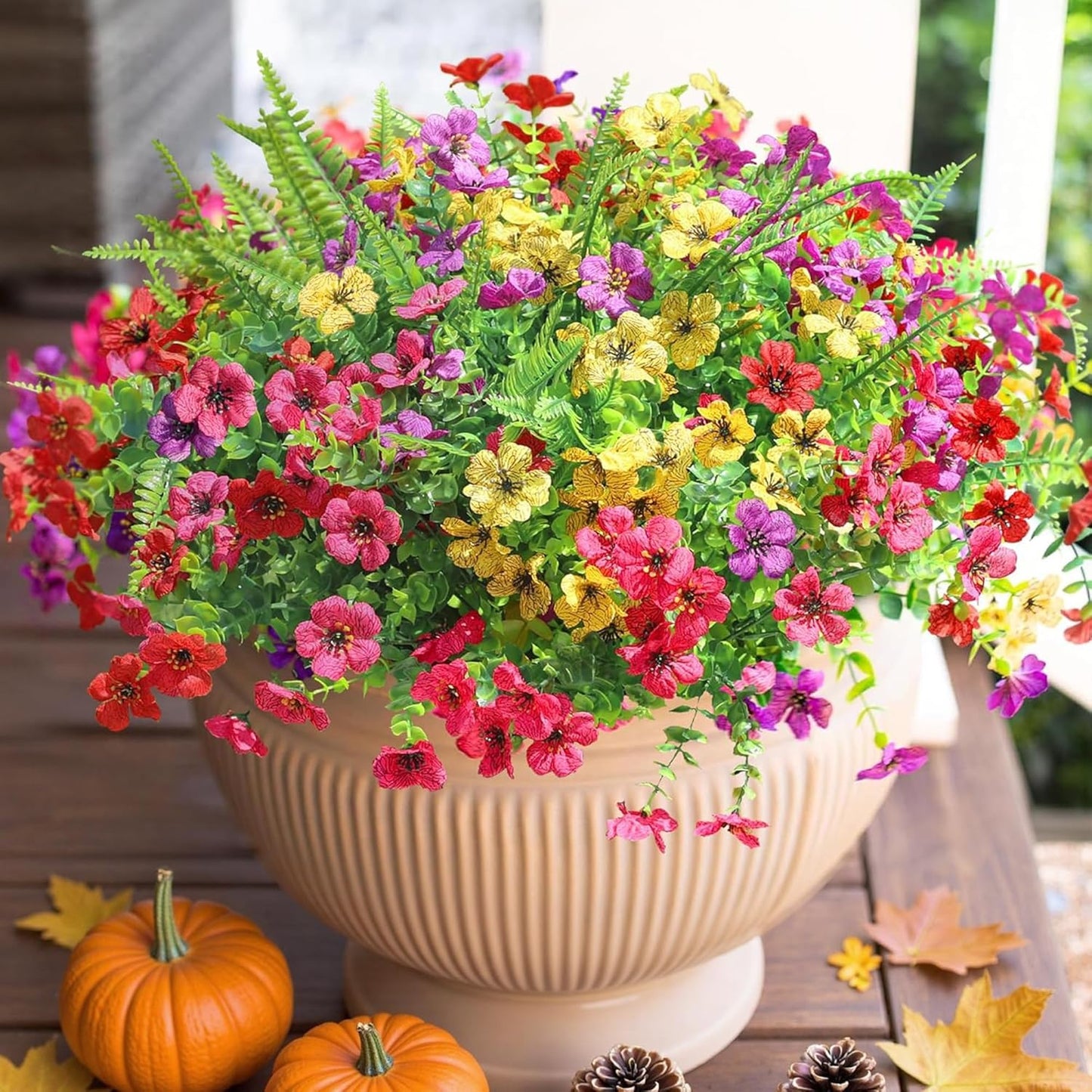 HyeFlora Artificial Faux Outdoor Flowers Plants for Summer Outside Decoration, 14 Bundles Fake Silk Colorful Daisy Ferns UV Resistant Realistic for Front Door Porch Planter Patio Yard