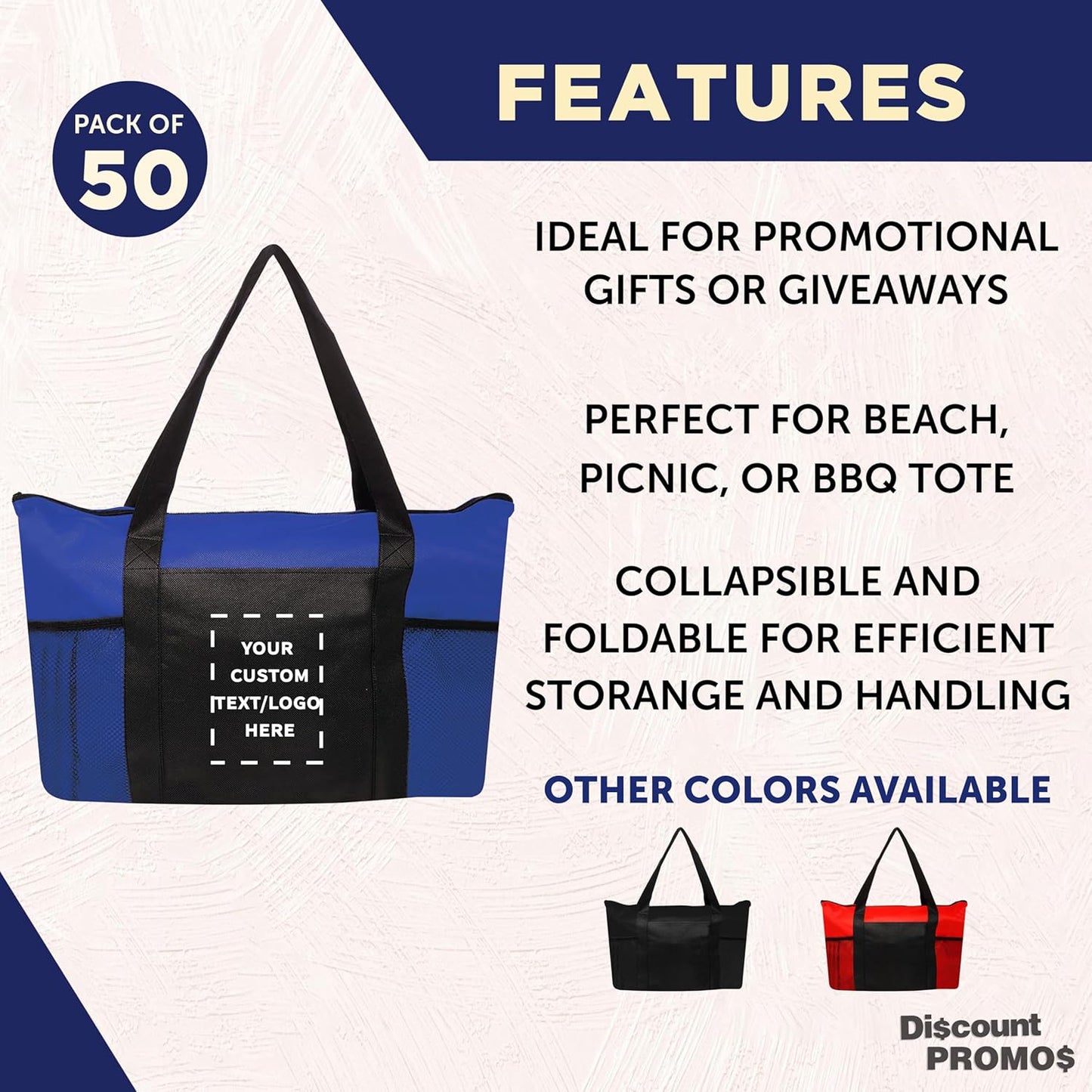 DISCOUNT PROMOS 50 Zippered Non-Woven Tote Bags Set - Customizable Text, Logo - Mesh Pocket, Zippered, Recyclable, Reusable - Blue - 19"X14"X3", with Zipper