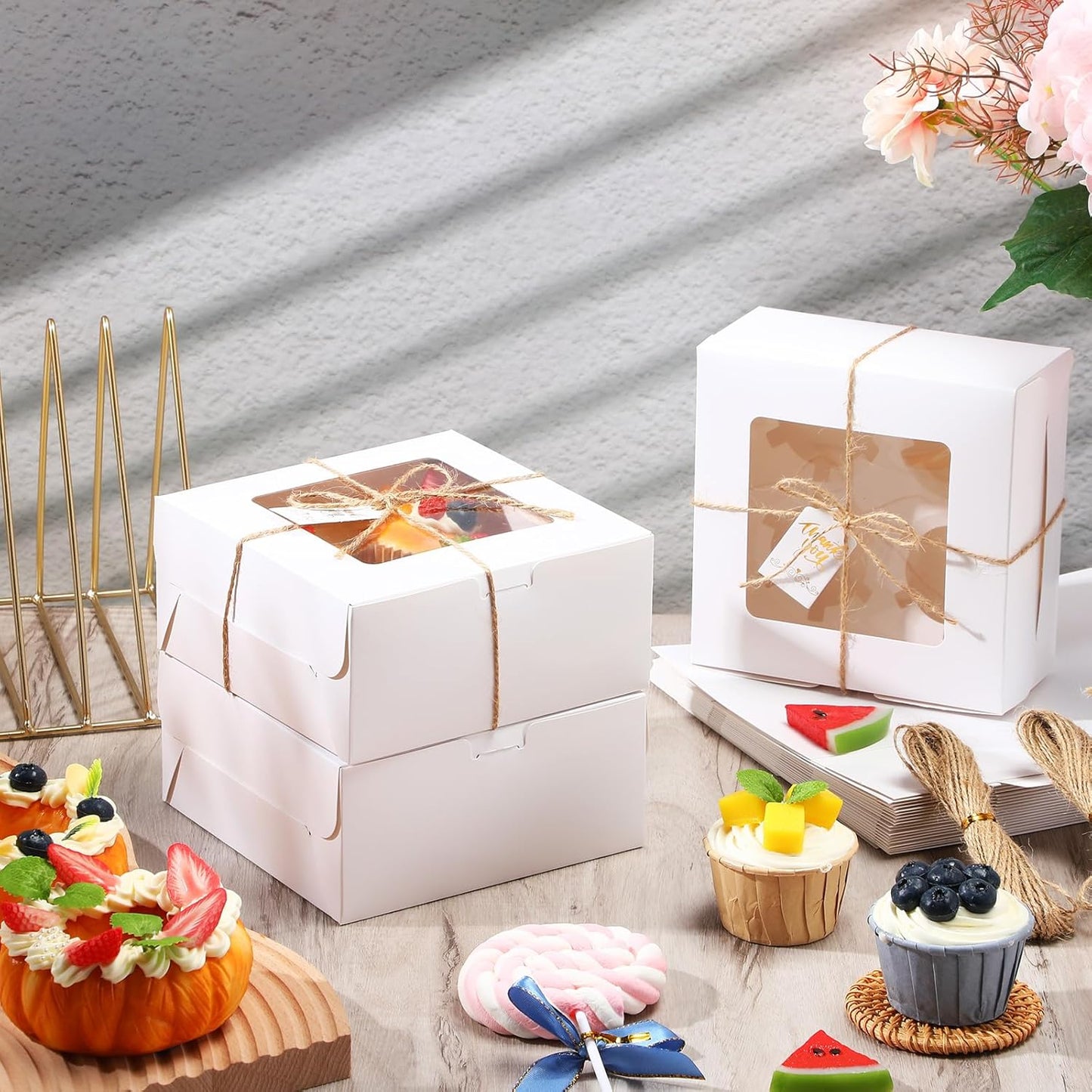 36 Pack Cupcake Boxes Hold 4 Count Disposable Cupcake Containers with Window and Cake Carrier with Thanks Card and Jute Rope to Muffins Cupcakes Cookies Gift Wrapping (White)