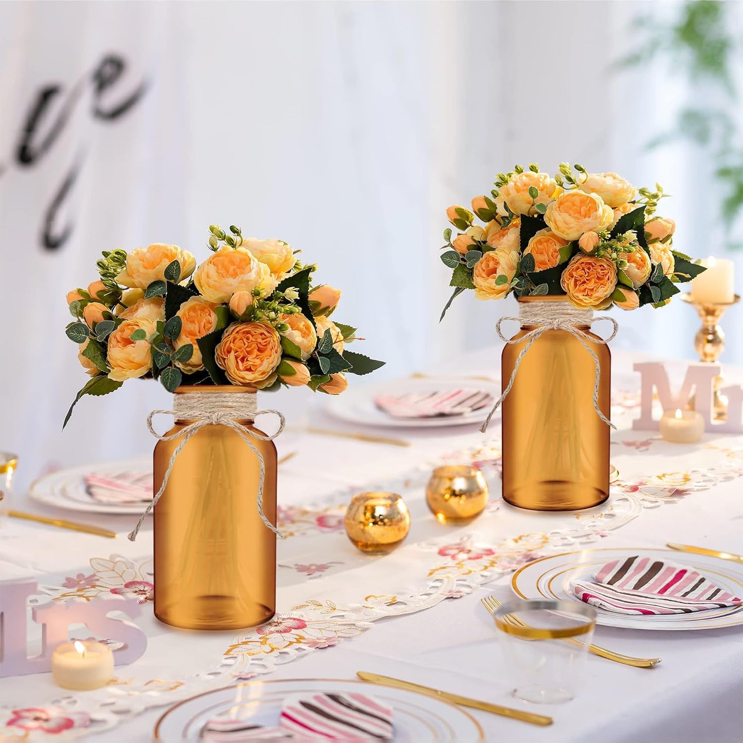 Vintage Glass Flower Vase，12 Pack Farmhouse Amber Gold Glass Centerpiece Vases Mason Jars for Weddings, Parties & Home Decor Bulk (12, Amber)