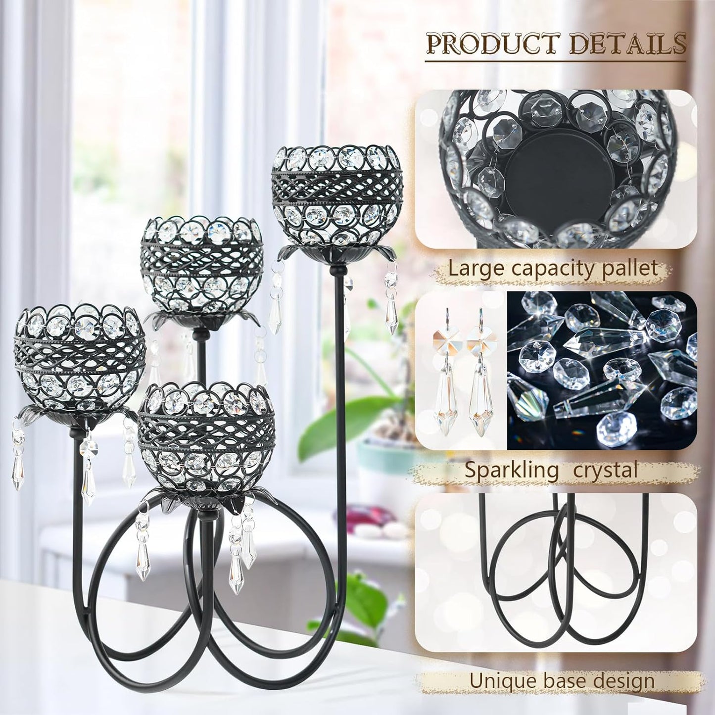 4 Arms Crystal Candelabra Tealight Holder - Tall 15.7 Inch Elegant Centerpiece with Crystal Pendant Bowls & Artistic Metal Stand for Wedding, Dining Table, Home Decor (4, Black)