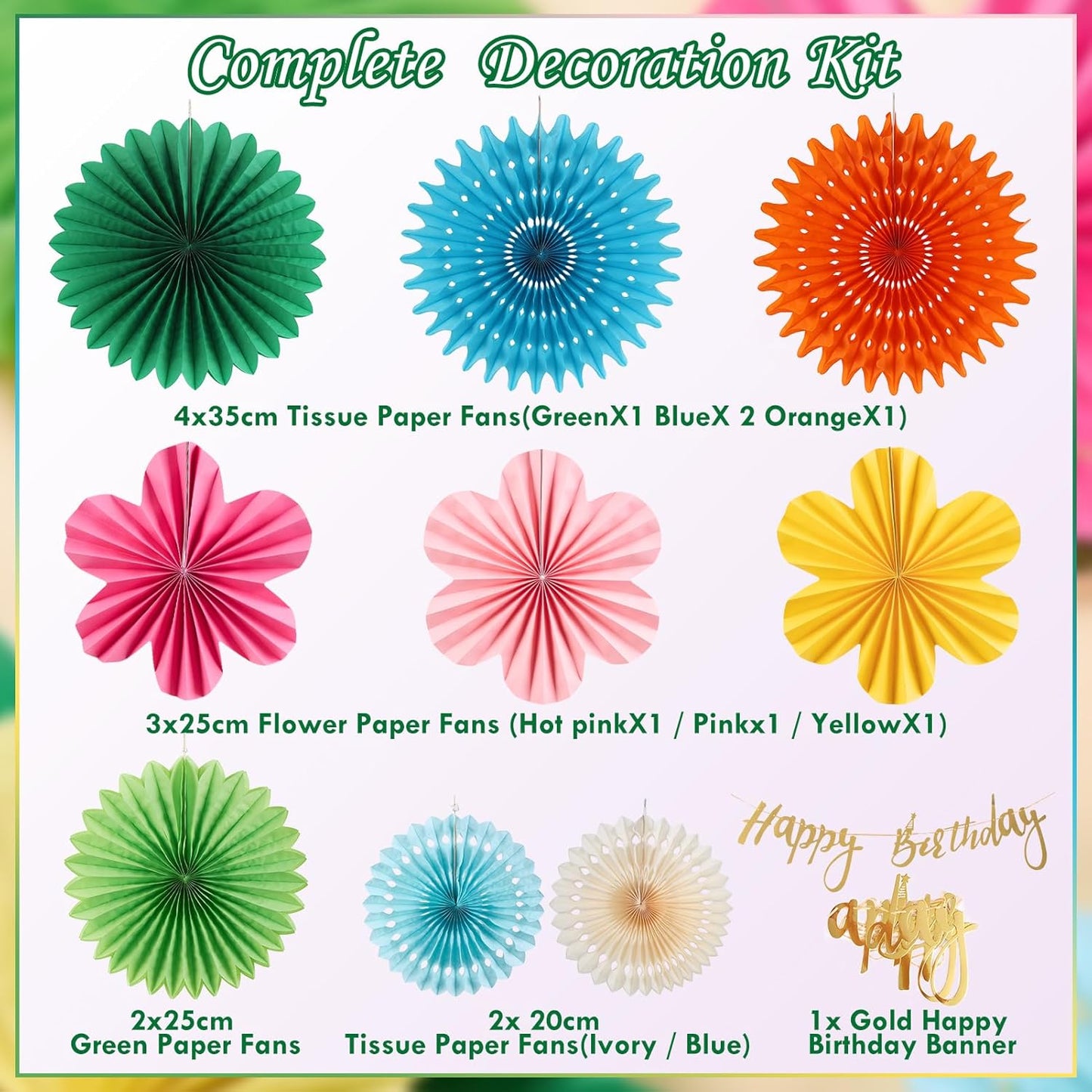 Colorful Birthday Party Decoration Paper Flower Hanging Decoration for Wall Happy Birthday Banner Paper Fans Deco for Tropical Hawaii Luna Birthday Party