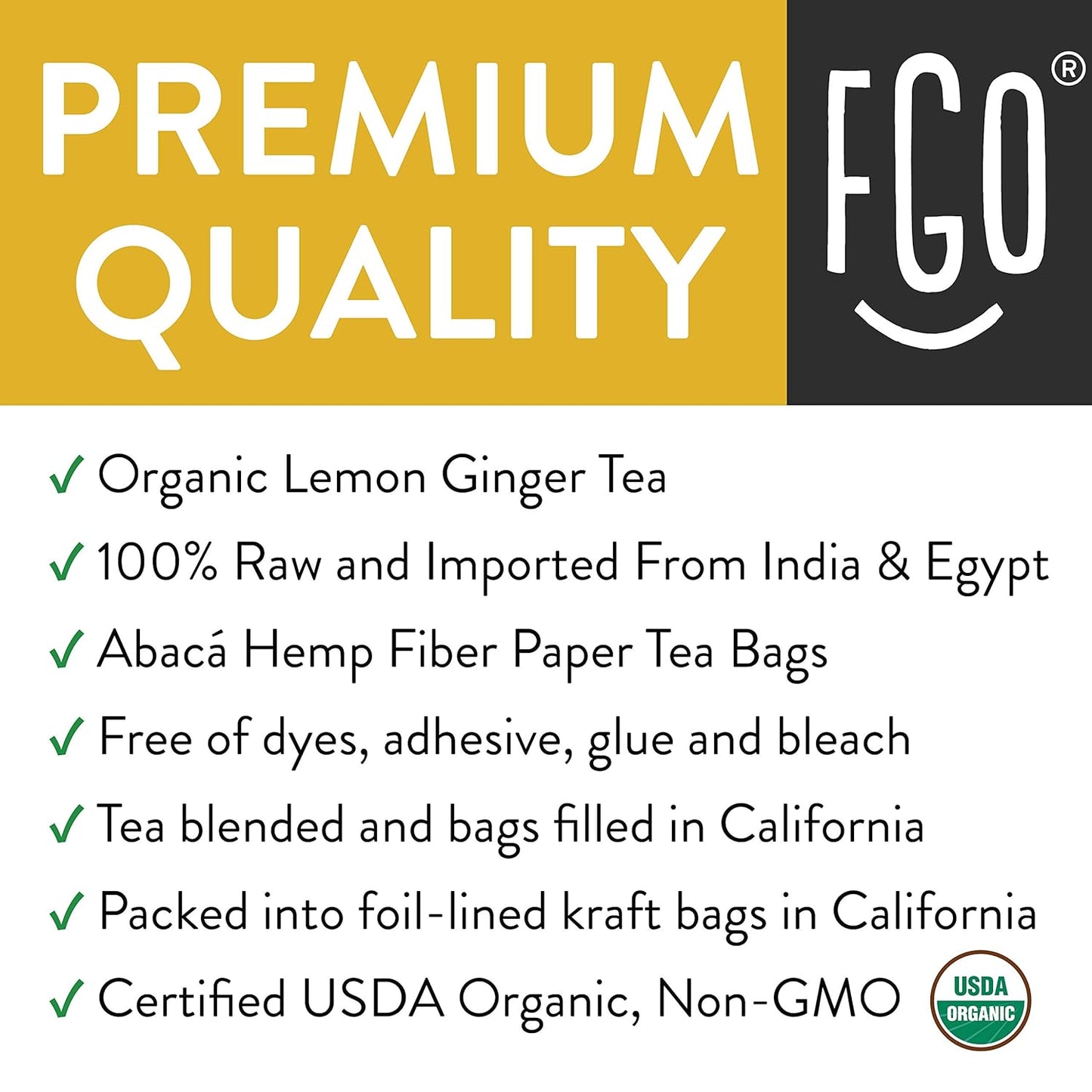 FGO Organic Lemon Ginger Tea, 100 Count, Eco-Conscious Tea Bags, Resealable Bag, Caffeine Free, Packaging May Vary (Pack of 1)