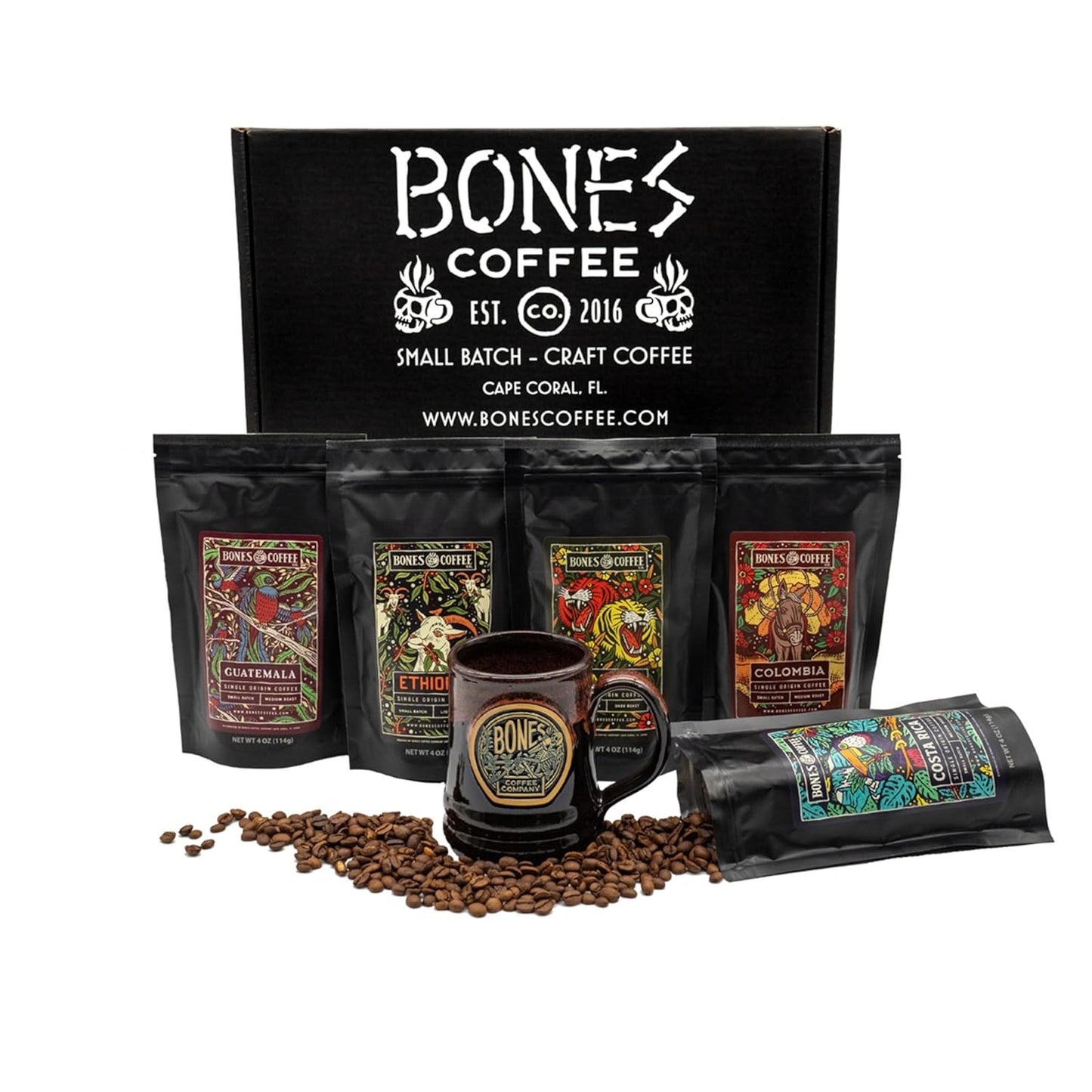Bones Coffee Company NEW World Tour Sample Pack Box Set with Specialty Coffee Mug, 5 Assorted Single-Origin Low Acid Medium Roast Arabica Beans Flavored Coffee Gifts, 4 oz Pack of 5 Ground