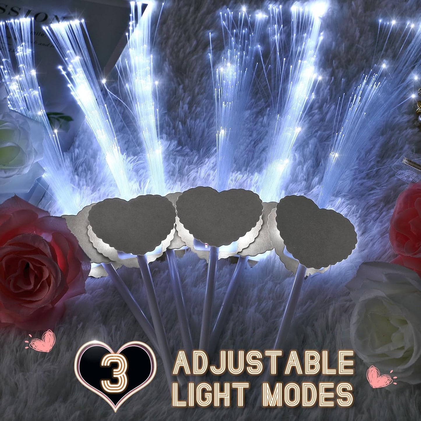 50 Pcs Wedding Sparklers Heart Shaped LED Glow Sticks Fiber Optic Wands Light up Wand with 3 Light Mode for Wedding Bridal Shower Birthday Glow in The Dark Party Supplies (White)