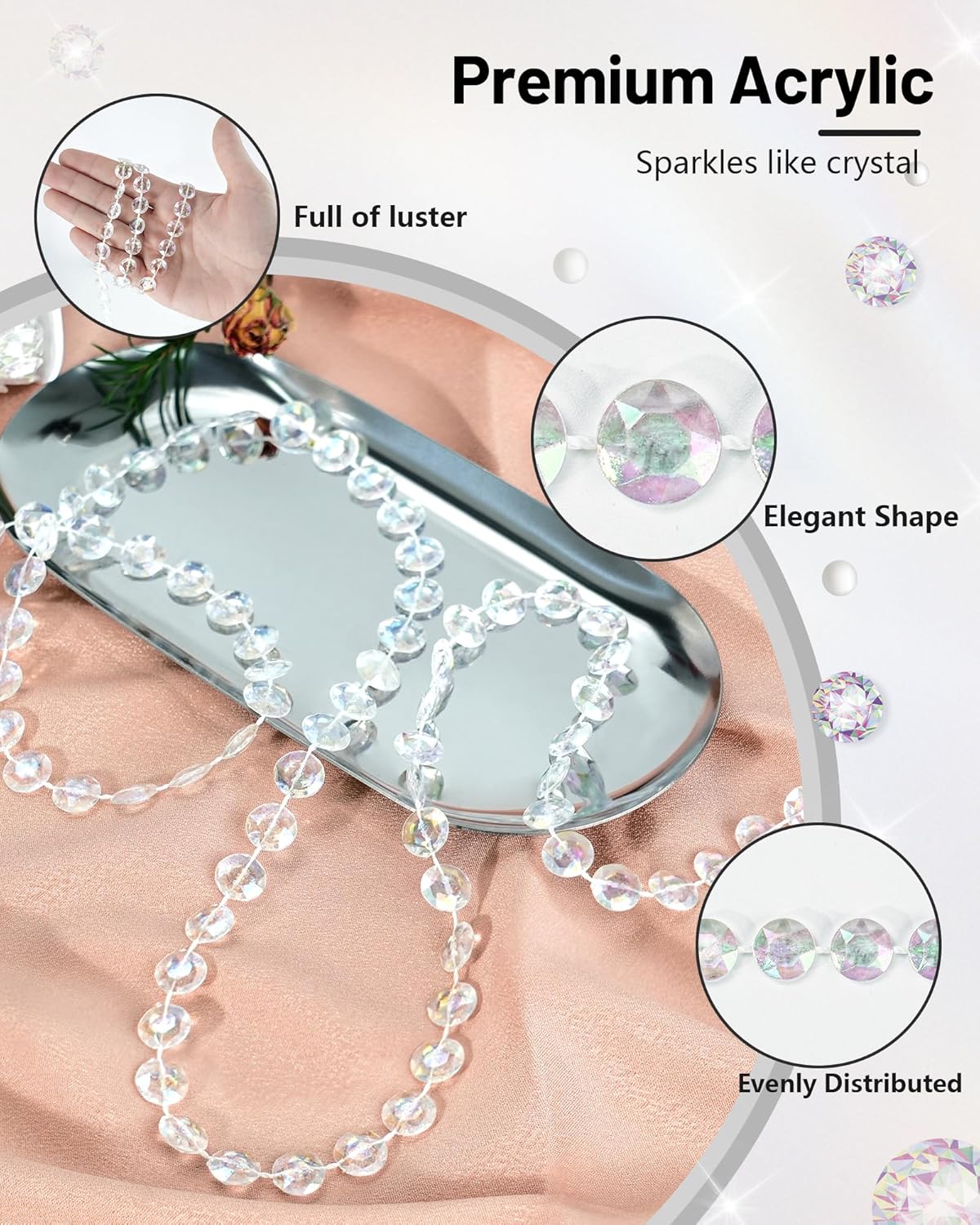 Iridescent Acrylic Crystal Garland, 49FT Diamond-Shaped Beads for Wedding Decorations, DIY Projects