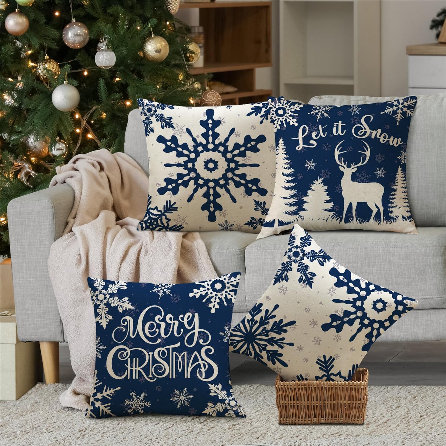 Christmas Pillow Covers 18x18 Blue Christmas Decorations Snowflake Reindeer Throw Pillow Covers Xmas Tree Winter Holiday Decor Cushion Case for Sofa Couch Set of 4