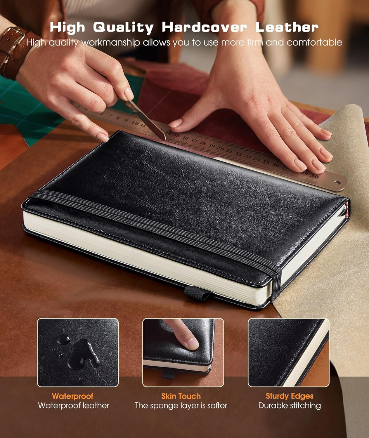 Lined Journal Notebook for Women Men, 256 Numbered Pages Hardcover Leather Journals for Writing, A5 Journaling Notebooks, College Ruled Journal for Business Work School Note Taking 5.75" x 8.38" Black