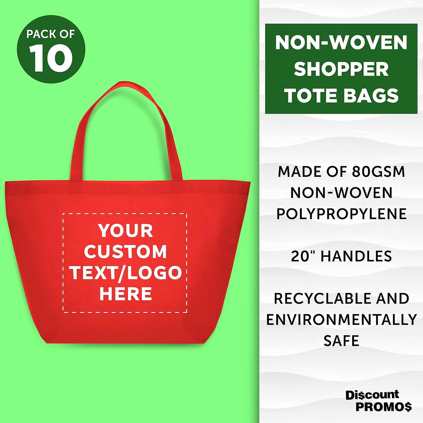 DISCOUNT PROMOS Custom Southern Style Grocery Tote Bags Set of 10 - Personalized Bulk Pack, Reusable Grocery & Shopping Bags - Great for Travel, Business Promotions, July 4th - Red - 20"X13"X8"