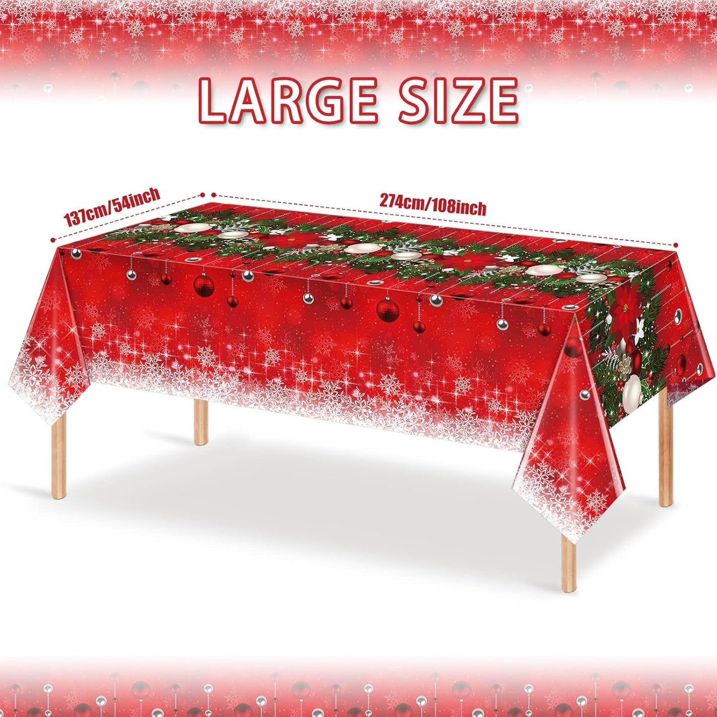 12Pieces Merry Christmas Tablecloth Plastic Christmas Tree Ball Table Cover Rectangle Winter Snowflake Tablecloth for Merry Christmas Holiday New Year Eve Party Decorations Supplies,54x108inch