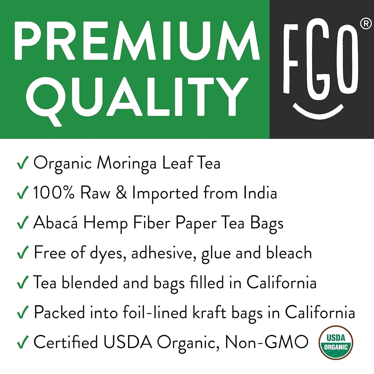 FGO Organic Moringa Tea, 100 Count, Eco-Conscious Tea Bags, Resealable Bag, Caffeine Free, Packaging May Vary (Pack of 1)