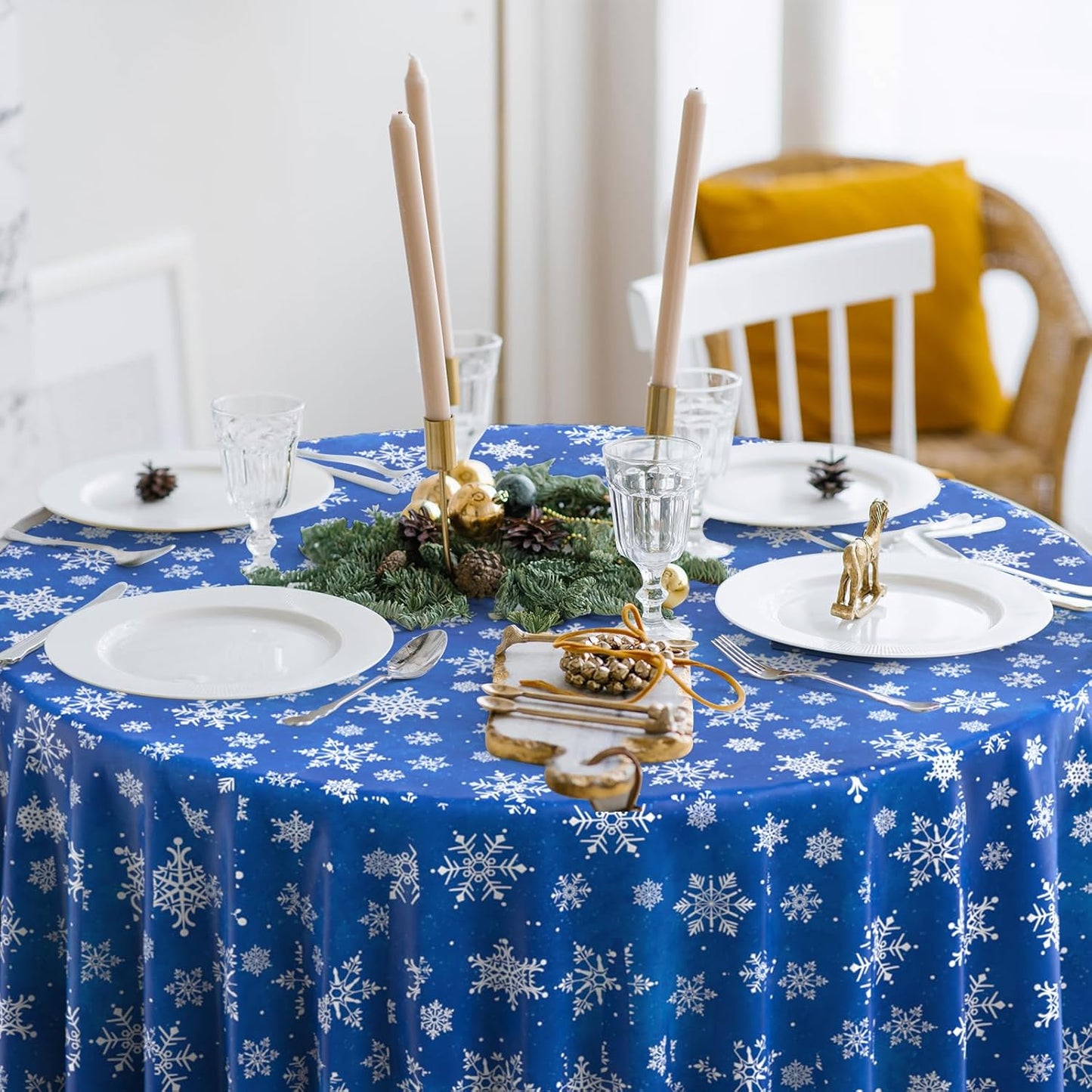 Jectivs 12 Pieces Christmas Snowflake Plastic Party Tablecloth Decorations,Disposable White Snowflake Blue Xmas Round Table Cover Backdrop for Winter Christmas Holiday Party Supplies,84 inch (Blue)