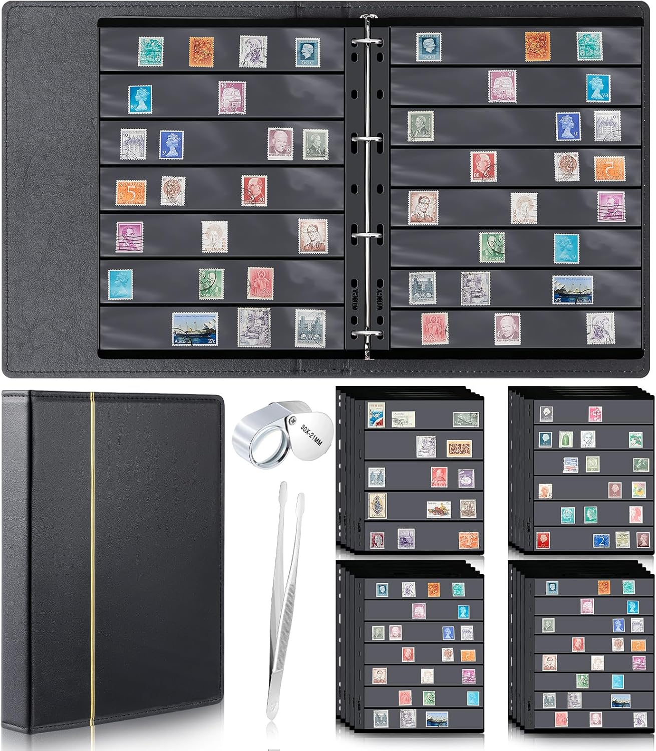 Lewtemi Stamp Collecting Albums Set Stamp Collection Book Include 20 Pages Album Binder Tweezer and Loop Magnifier Collecting Supplies for Collectors (Black,5/6/7/8 Rows)