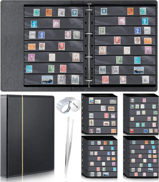 Lewtemi Stamp Collecting Albums Set Stamp Collection Book Include 20 Pages Album Binder Tweezer and Loop Magnifier Collecting Supplies for Collectors (Black,5/6/7/8 Rows)