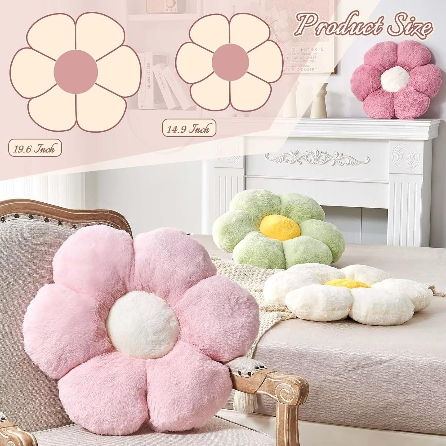 Lavender Flower Pillow, Cute Decorative Shaped Throw Pillow With Faux Rabbit Fur, 14.9" Soft Plush Floor Pillows Room Decor for Bedroom Living Room