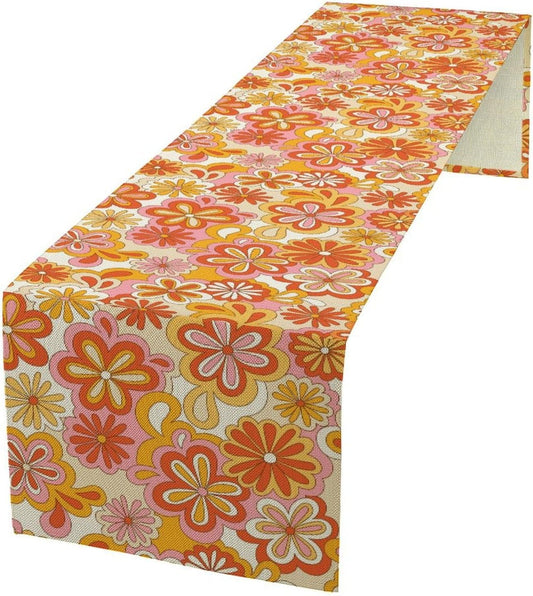 Vintage Floral Table Runner,70s Style Retro Daisies Flower Hippie Table Runner for Kitchen Dining Table Home Party Decoration 13x108 Inch