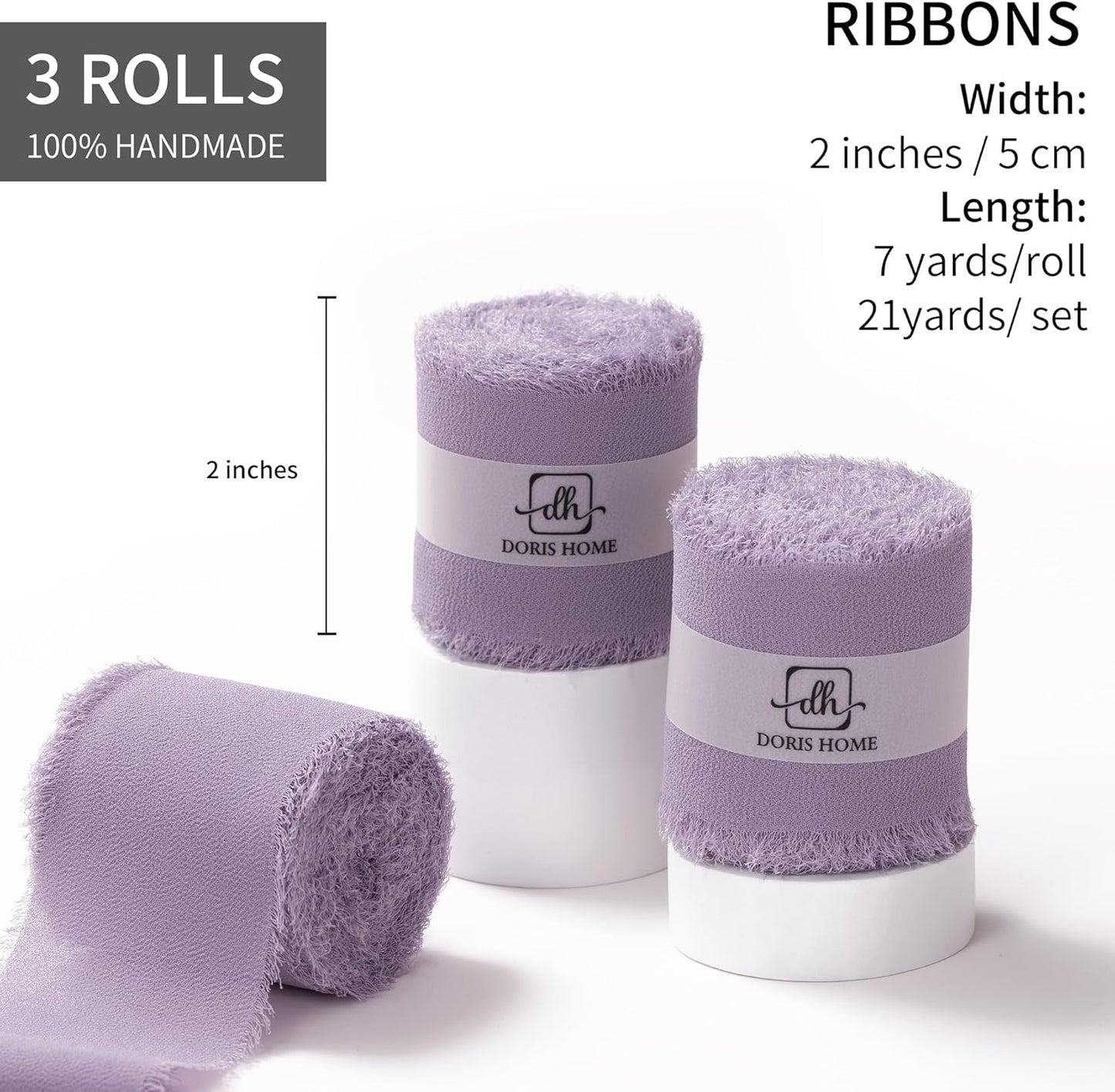 DORIS HOME Pastle Purple Chiffon Ribbon for Flower Bouquet, 2" x21Yd Fabric Ribbon for Gift Wrapping, Handmade Frayed Ribbon for Wedding/Christmas Decorations